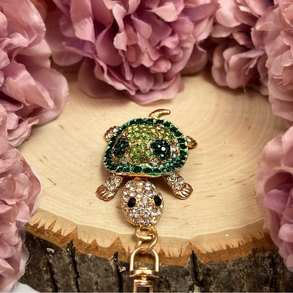 Green and Silver Crystal Turtle Keychain Charm - Picture 10 of 16